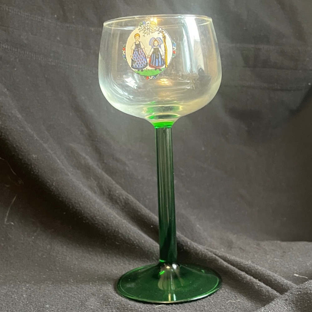 Vintage Luminarc Green Stem Wine Goblet with Decorative Alsatian Folk Art